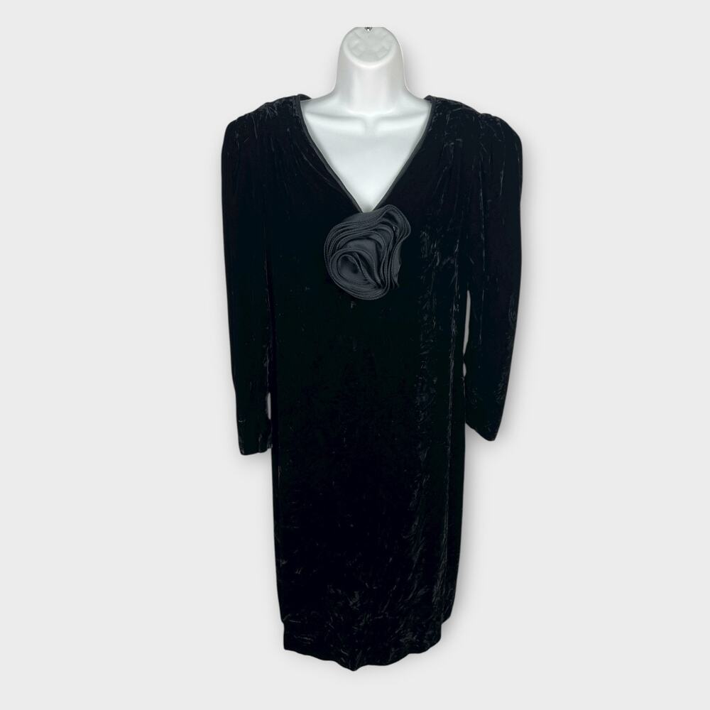 Vintage 80s I. Magnin Noel Sophisticates Velvet Rose Dress Size 8 S/M Black